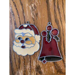 Vintage Christmas Stained Glass Santa & Bell Ornaments